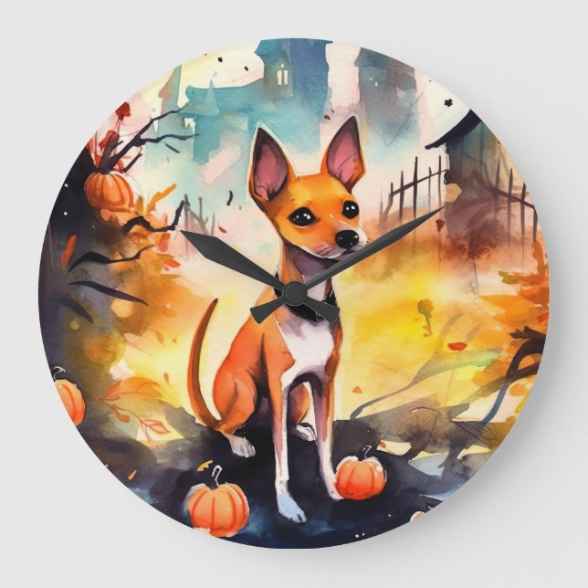 Halloween Basenji mit Pumpkins Beängstigend Große Wanduhr (Vorderseite)