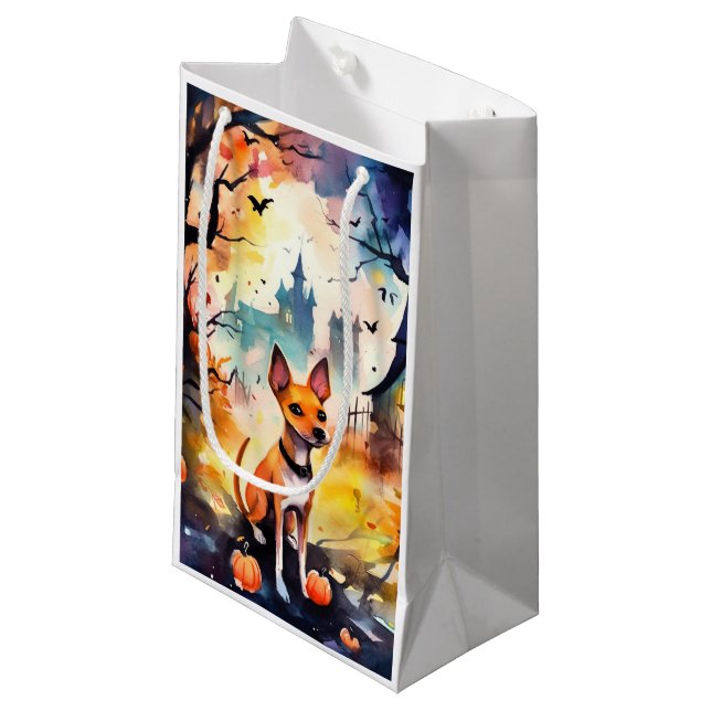Halloween Basenji mit Pumpkins Beängstigend Kleine Geschenktüte (Vorderseite Schrägansicht)