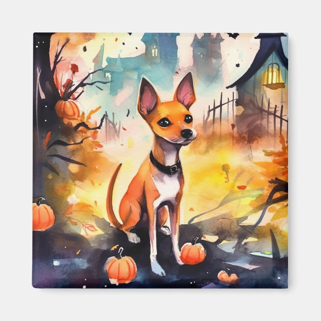 Halloween Basenji mit Pumpkins Beängstigend Magnet (Vorne)