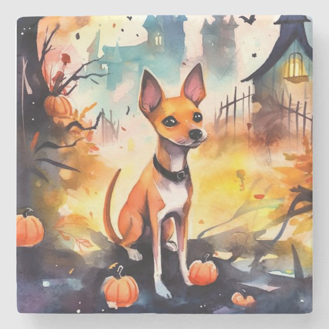 Halloween Basenji mit Pumpkins Beängstigend Steinuntersetzer (Vorderseite)