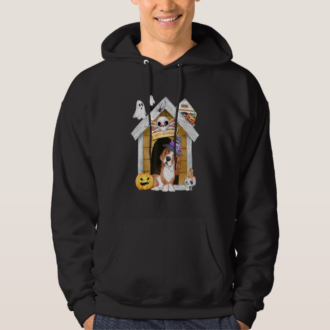 Halloween Basset Hound Dog Hexe Spuk Haus Hoodie (Vorderseite)