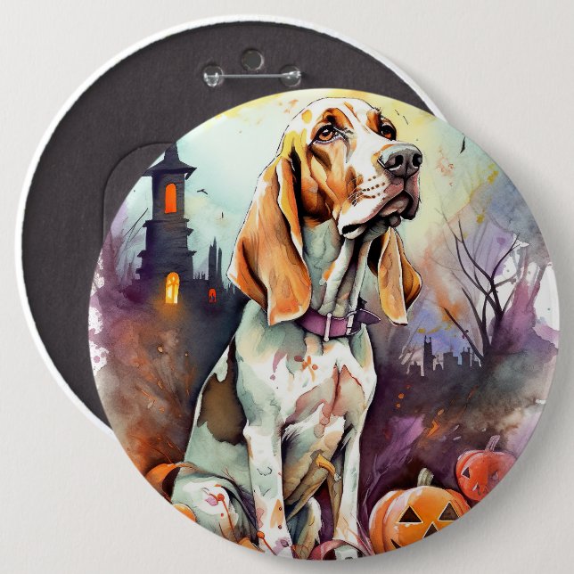 Halloween Basset Hound mit Pumpkins Beängstigend Button (Vorne & Hinten)