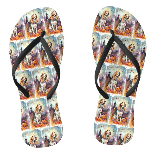Halloween Basset Hound mit Pumpkins Beängstigend Flip Flops (Fußbett)