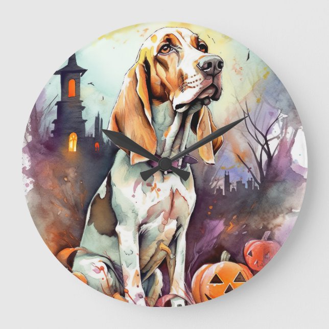 Halloween Basset Hound mit Pumpkins Beängstigend Große Wanduhr (Vorderseite)
