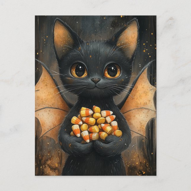 Halloween Bat Cat With Candy Postkarte (Vorderseite)