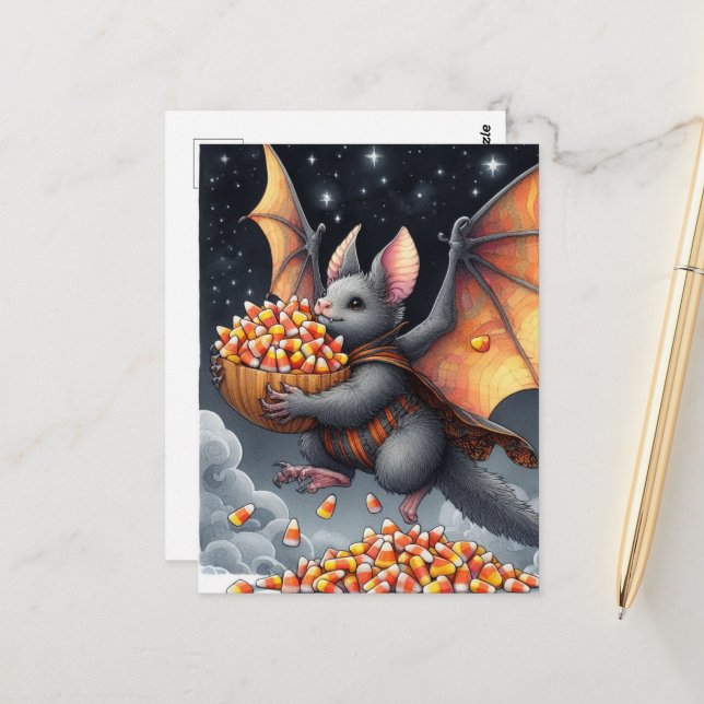 Halloween Bat Flying Squirrel Hybrid with Candy Postkarte (Vorderseite/Rückseite Beispiel)
