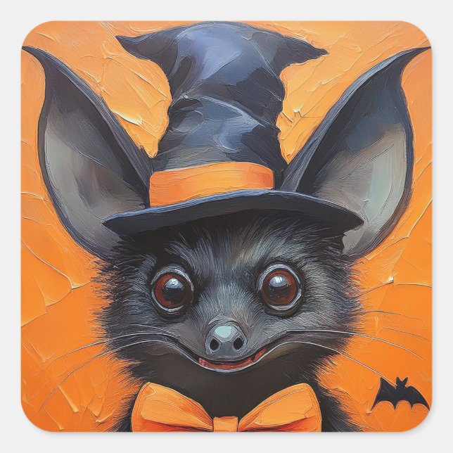 Halloween Bat in Witch Hat Quadratischer Aufkleber (Vorderseite)