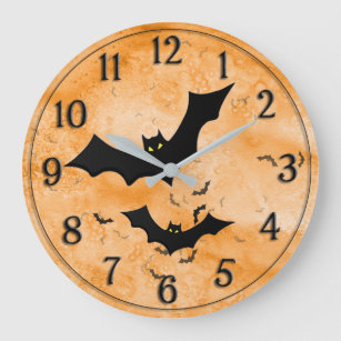 Halloween: Bat Silhouetten Orange Grunge BG Große Wanduhr