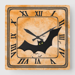 Halloween: Bat Silhouetten Orange Square Grunge BG Quadratische Wanduhr