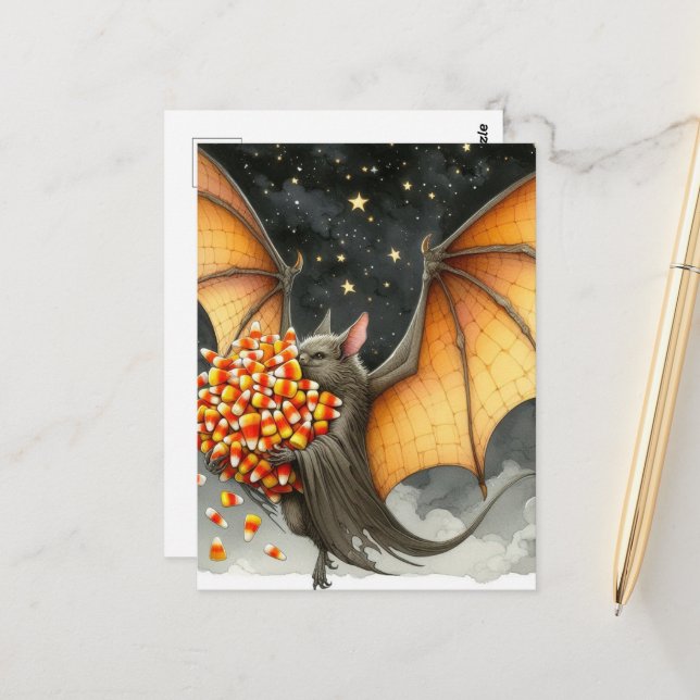 Halloween Bat With Candy Postkarte (Vorderseite/Rückseite Beispiel)