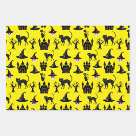 HALLOWEEN BATS HATS CAULDRONS SKULLS BROOMS GESCHENKPAPIER SET