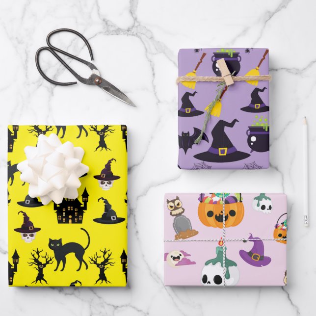 HALLOWEEN BATS HATS CAULDRONS SKULLS BROOMS GESCHENKPAPIER SET (Vorderseite)