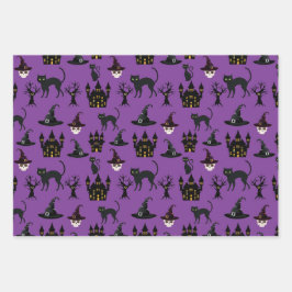 HALLOWEEN BATS HATS CAULDRONS SKULLS BROOMS GESCHENKPAPIER SET