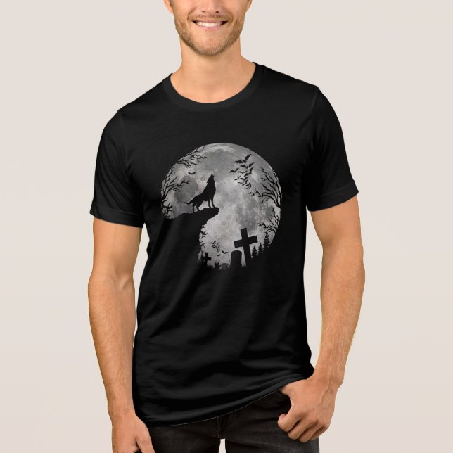 Halloween Bats und Wolf Howling Moon Tri-Blend Shirt (Vorderseite)