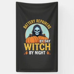 Halloween-Batterie-Reparierer Hexe bei Nacht Desig Banner