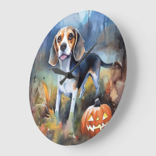 Halloween Beagle mit Kürbissen Gruselig Große Wanduhr