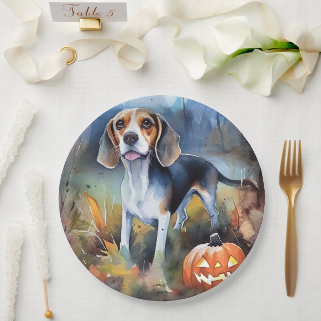 Halloween-Beagle mit Pumpkins Beängstigend Pappteller (Hochzeit)