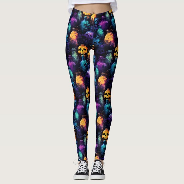 Halloween Beängstigend Skull Orange Lila Blue Glow Leggings (Vorderseite)