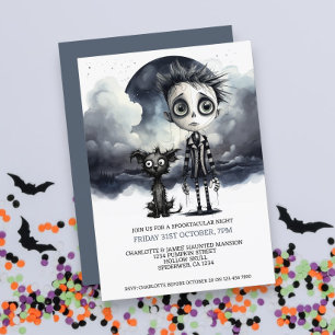 Halloween Beängstigender Junge und Hund unter Voll Einladung