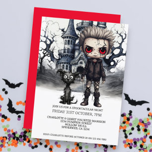 Halloween Beängstigender Junge und Hund unter Voll Einladung