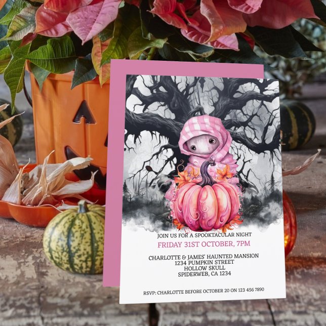 Halloween Beängstigender rosa Kürbis und Spuk Abbi Einladung (Halloween Scary Pink Pumpkin And Haunted Figure Invitation from Ricaso. A cute but hunting figure)