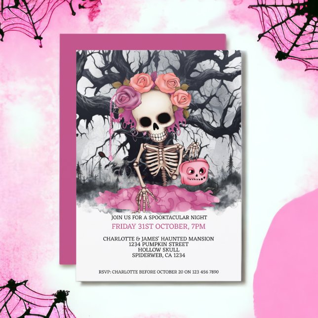 Halloween Beängstigendes rosa Skelett und Spuk Bau Einladung (Halloween Scary Pink Skeleton And Haunted Tree Invitations from Ricaso)
