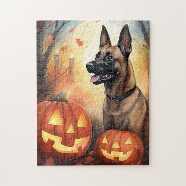 Halloween Belgisch Malinoi mit Pumpkins Beängstige Puzzle (Vertikal)