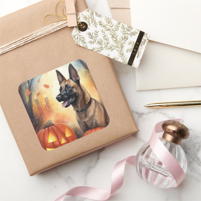 Halloween Belgisch Malinoi mit Pumpkins Beängstige Quadratischer Aufkleber (Schenken)