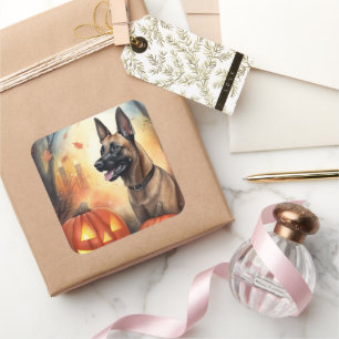 Halloween Belgischer Malinoi mit Kürbissen Gruseli Quadratischer Aufkleber