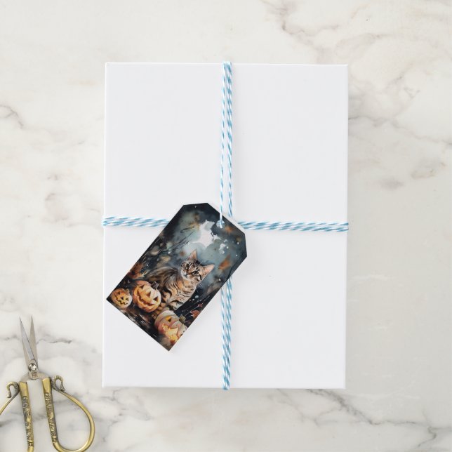 Halloween Bengalische Katze mit Pumpkins Beängstig Geschenkanhänger (Mit Garn)