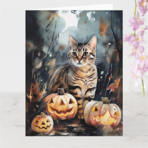 Halloween Bengalische Katze mit Pumpkins Beängstig Karte
