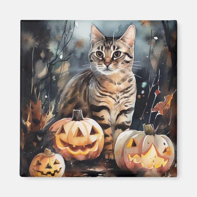 Halloween Bengalische Katze mit Pumpkins Beängstig Magnet (Vorne)