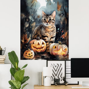 Halloween Bengalische Katze mit Pumpkins Beängstig Poster