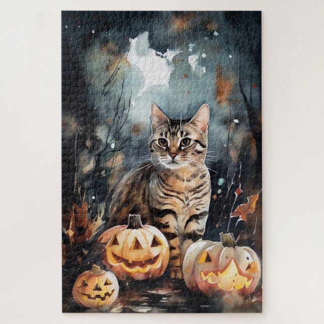 Halloween Bengalische Katze mit Pumpkins Beängstig Puzzle (Vertikal)