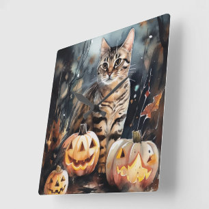 Halloween Bengalische Katze mit Pumpkins Beängstig Quadratische Wanduhr