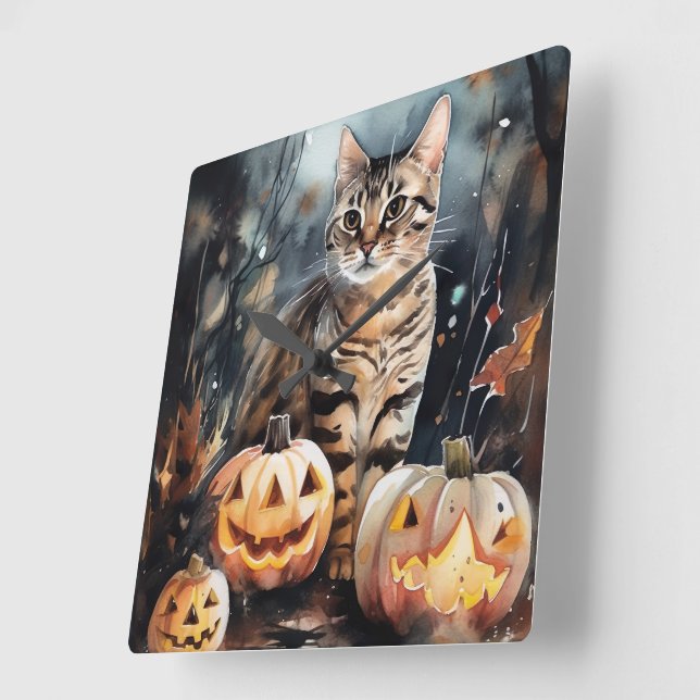 Halloween Bengalische Katze mit Pumpkins Beängstig Quadratische Wanduhr (Winkel)