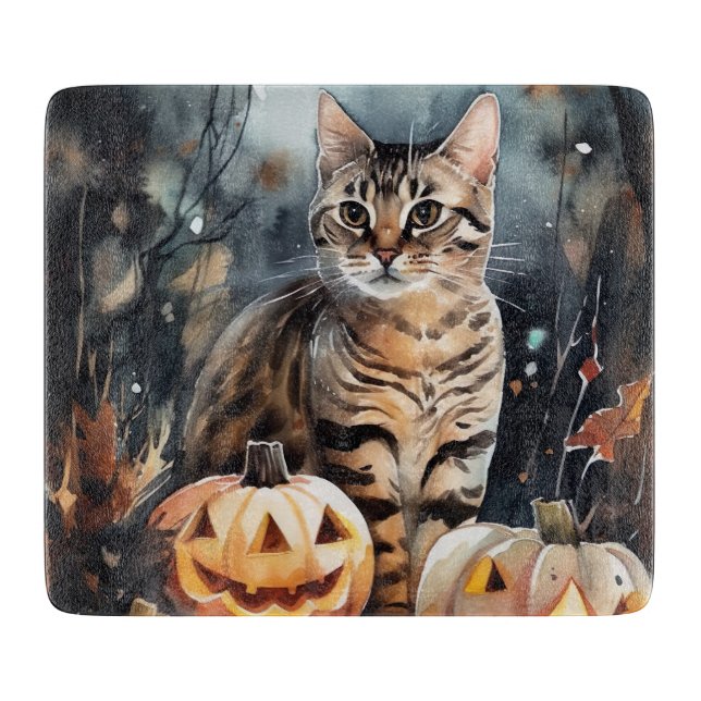 Halloween Bengalische Katze mit Pumpkins Beängstig Schneidebrett (Vorderseite)