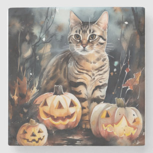 Halloween Bengalische Katze mit Pumpkins Beängstig Steinuntersetzer