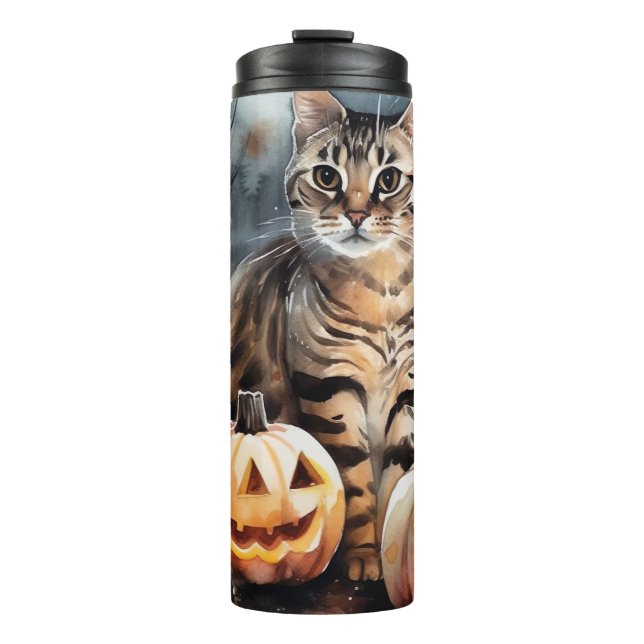 Halloween Bengalische Katze mit Pumpkins Beängstig Thermosbecher (Vorderseite)