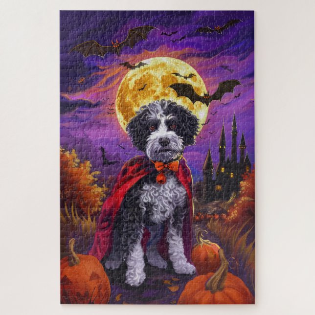 Halloween Bernedoodle Dog Pumpkins Beängstigend Puzzle (Vertikal)