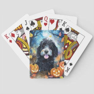 Halloween Bernedoodle mit Kürbissen Gruselig Spielkarten
