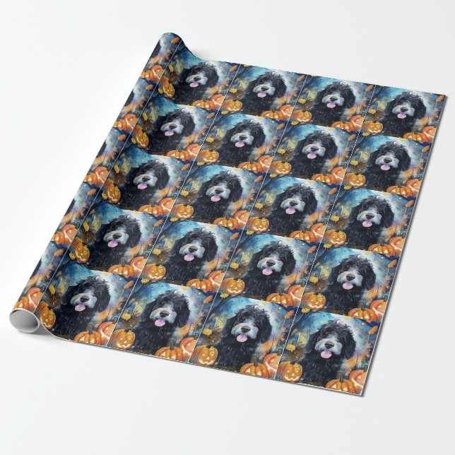 Halloween Bernedoodle mit Pumpkins Beängstigend Geschenkpapier (Ungerollt)
