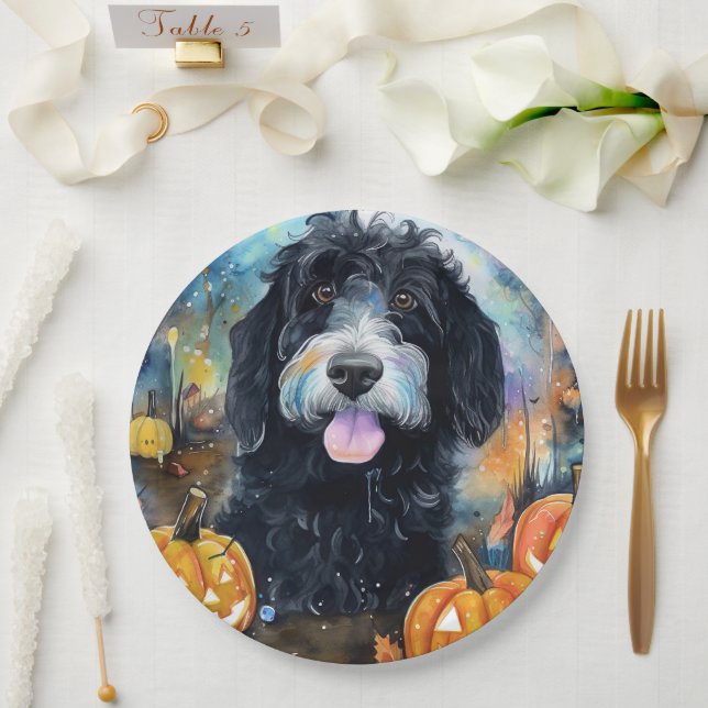 Halloween Bernedoodle mit Pumpkins Beängstigend Pappteller (Hochzeit)