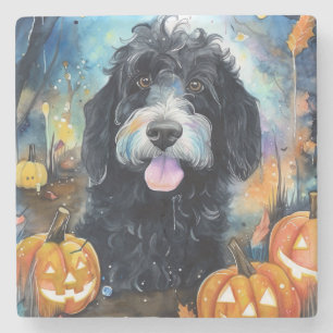 Halloween Bernedoodle mit Pumpkins Beängstigend Steinuntersetzer