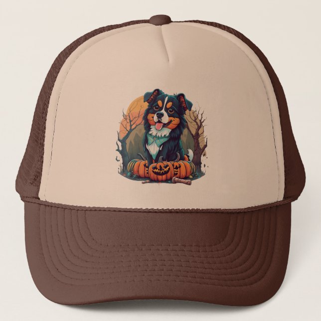 Halloween Berner Hund mit Pumpkin Truckerkappe (Vorderseite)