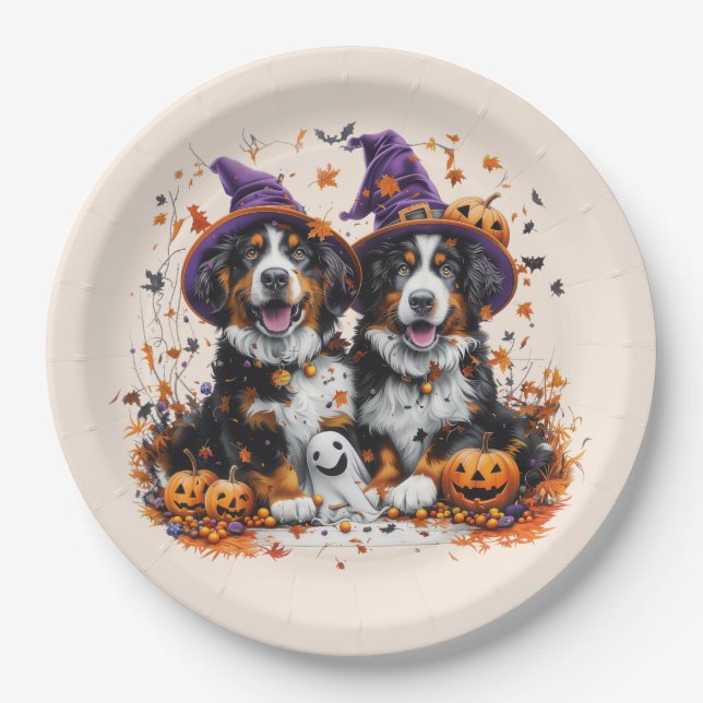 Halloween Bernese Mountain Hogs Hexenghost Pappteller (Vorderseite)
