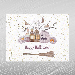 Halloween Besen Kürbis Spinnennetz Laterne Feiertagspostkarte