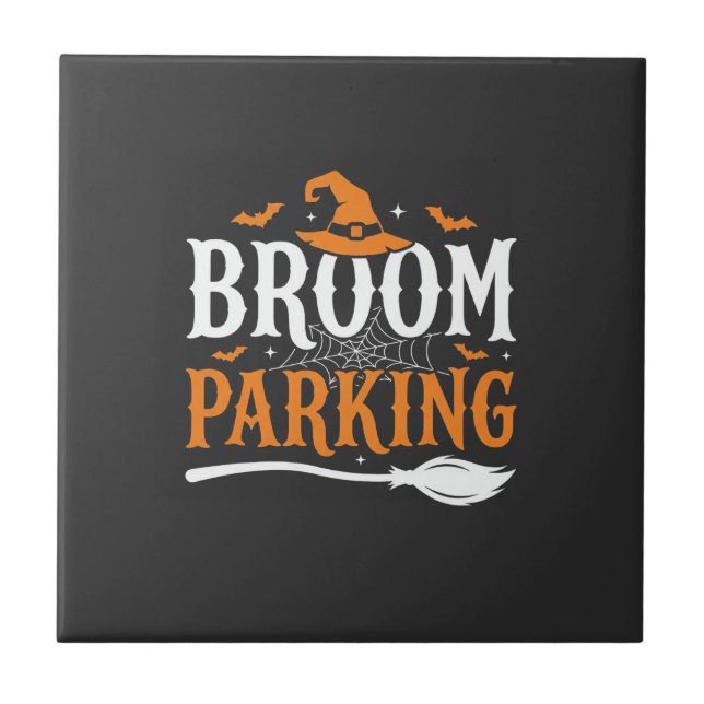 Halloween Besenparkplatz Hexenhut Grafik Fliese (Vorderseite)