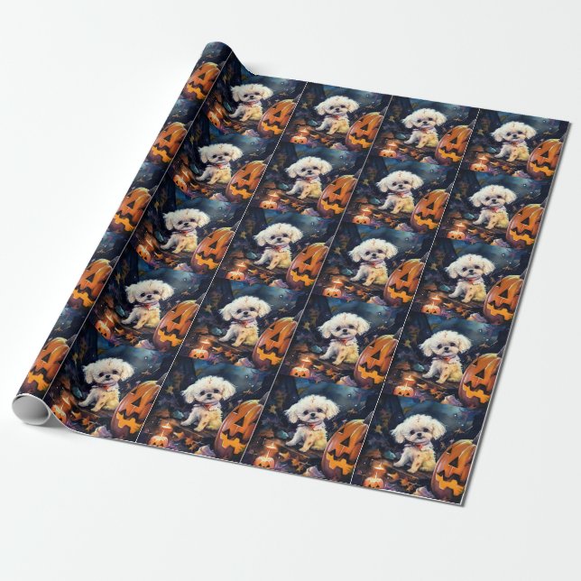 Halloween Bichon Frise mit Pumpkins Beängstigend Geschenkpapier (Ungerollt)