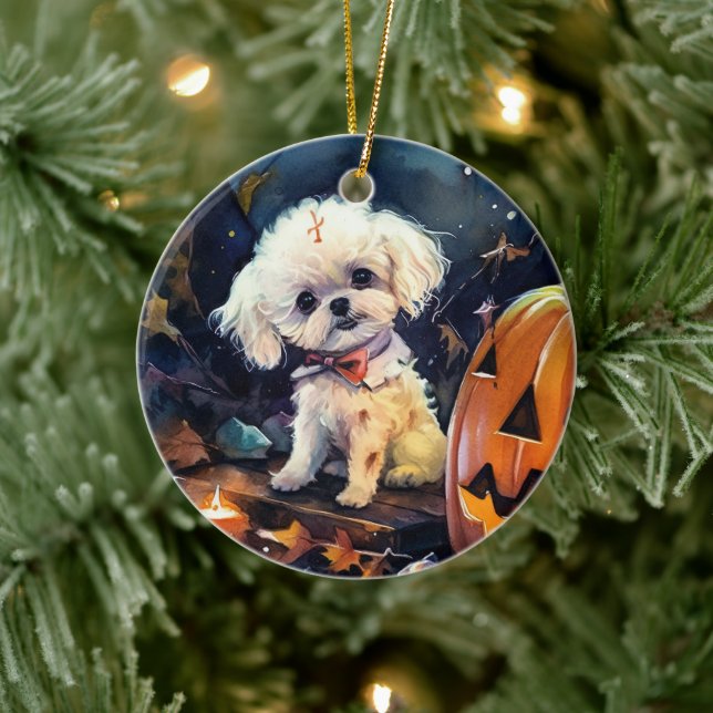 Halloween Bichon Frise mit Pumpkins Beängstigend Keramik Ornament (Baum)